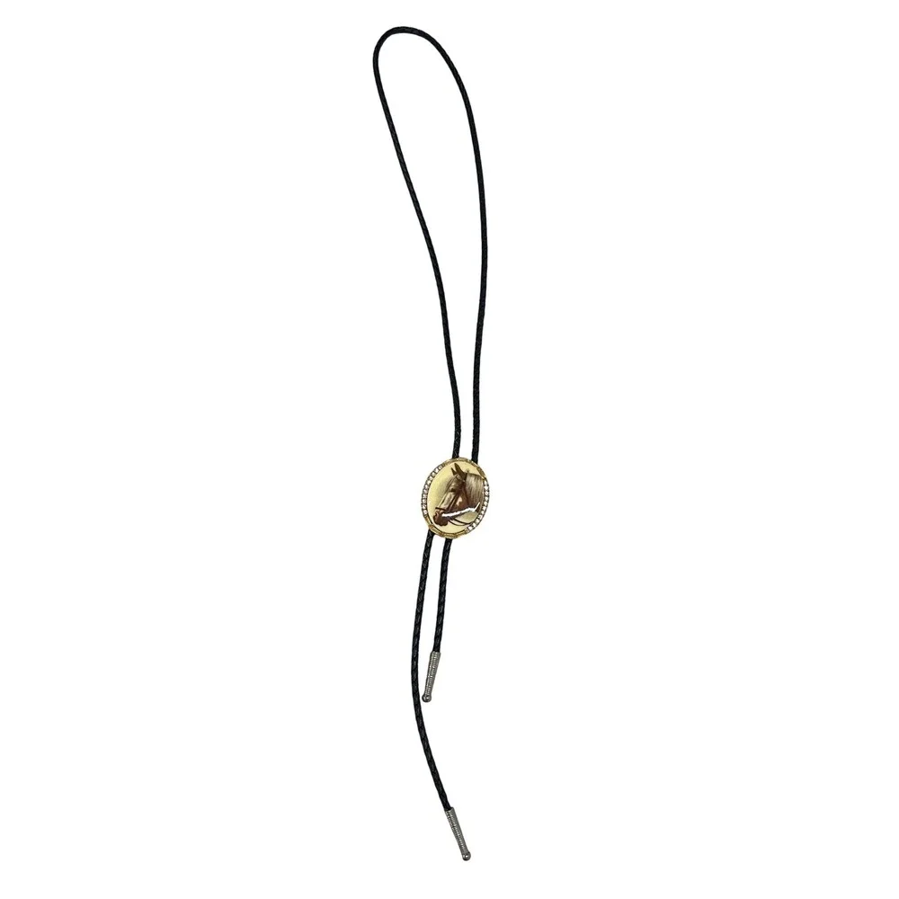 Western Horse Portrait Bolo Tie Rhinestone Gold Black Cowboy Americana Kitsch